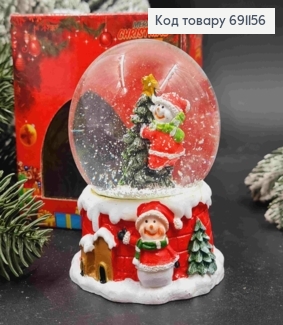 Новорічна Снігова Куля, скляна на керамічній основі, "СНІГОВИК на Ялинці", висота 9см, діаметр 7см 691156 фото