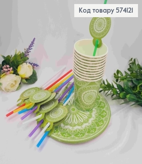 Набір паперовий, святковий з Зеленим орнаментом, по 10шт стаканчиків, тарілочок, соломинок, Україна 574121 фото