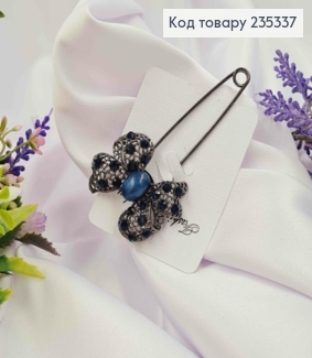 Брошь металл, Булавка графитового цвета, Бантик с Синими камешками, 8,5см. 235337 фото