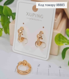 Сережки кільця з Серцем та Блискучими камінцями, діаметр 1,3см, Xuping 18K 118883 фото