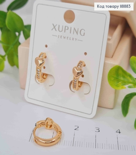 Сережки кільця з Серцем та Блискучими камінцями, діаметр 1,3см, Xuping 18K 118883 фото 1