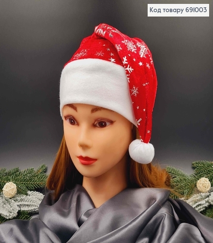 Шапочка новогодняя, красного цвета со снежинками серебряного цвета, велюровая. 691003 фото 1