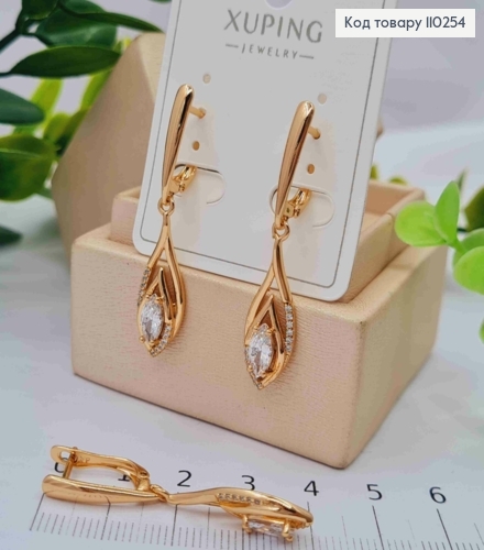 Сережки з рухливою підвіскою в Блискучих камінцях, 1,8+2,5см, англійська застібка, Xuping 18К 110254 фото 2