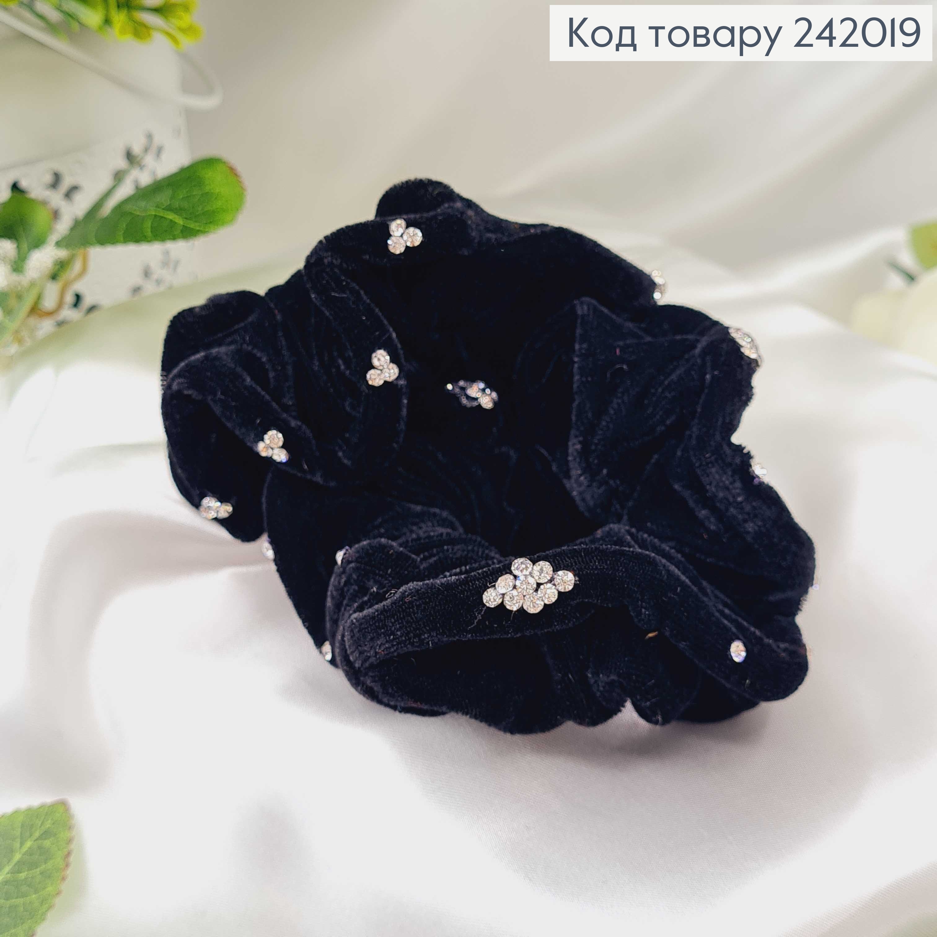 Резинка велюр об'ємна з камінцями чорна 242019 фото 2