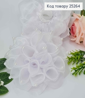 Резинка Бант, Белый, Органза, с жемчужинами, 15см, ручная работа, Украина. 25264 фото