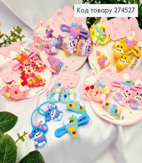 Набір дитячій: "Веселі Тваринки" заколка Стріла (2шт), Резинка (4шт), Яскраві кольори в асортименті 274527 фото