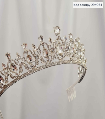 Диадема "ИЗЫСКАНАЯ" Тиара 4,2см, под серебро с белыми камешками, 5см на верхушке 294084 фото 2