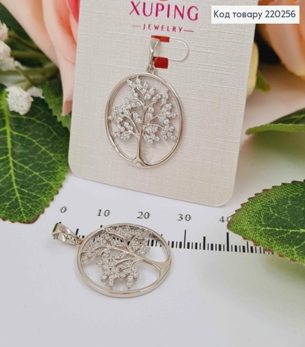 Кулон родованный, "Дерево познания" в круглой оправе, с камнями, 2 см, Xuping 220256 фото 1