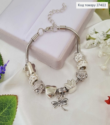Браслет под Пандору, серебряного цвета, с белыми бусинами, 15,5см. 274122 фото 1