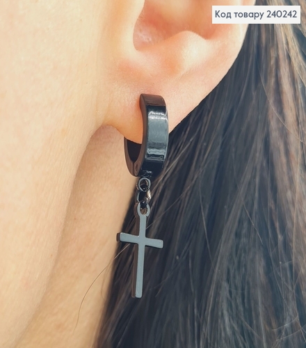 СЕРЬГА кольцо 1,2см Крестик черного цвета  1,5*1см, Stainless Steel  240242 фото 1