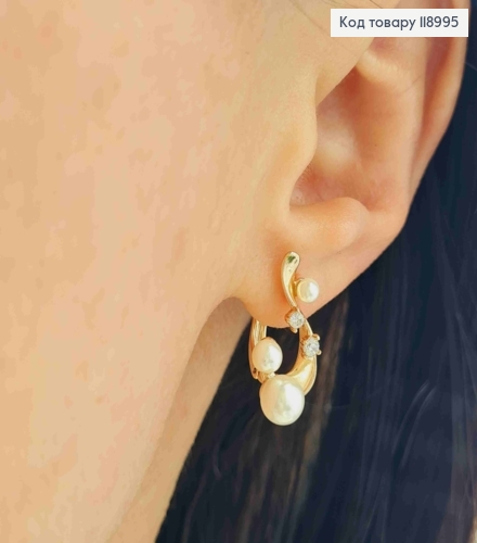 Сережки "Мрійливі"з Перлинками та Блискучими камінцями, 2,1см, англійська застібка, XUPING 18K 118995 фото 1