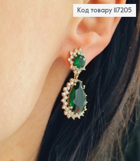 Сережки гвіздки підвіски з великими ЗЕЛЕНИМИ камінцями, 3*1,2см, XUPING 18K 117205 фото