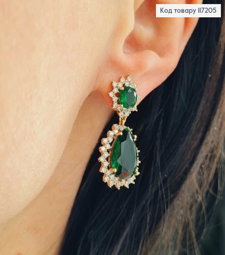 Серьги гвозди подвески с большими ЗЕЛЕНЫМИ камушками, 3*1,2см, XUPING 18K 117205 фото 1
