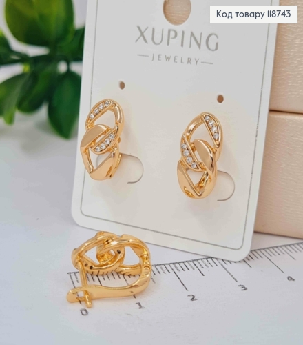 Серьги "Звенья" украшены Блестящими камнями, 1,5см, английская застежка, Xuping 18K 118743 фото 1