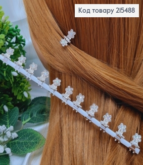 Крабик маленький, с двумя цветочками в камешках, 1.5 см, металл, серебряный цвет, 12 шт/уп. 215488 фото