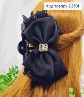 Краб пластик з "БАНТИКОМ" з органзи+мереживо з Блискучим каменем, 15*10см, Чорного кольору 212301 фото