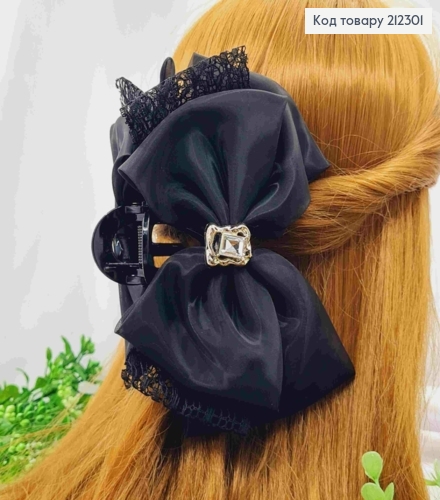 Краб пластик з "БАНТИКОМ" з органзи+мереживо з Блискучим каменем, 15*10см, Чорного кольору 212301 фото 1