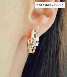 Сережки Прямокутні прикрашені Блискучими камінцями, довжина 1,6см, англійська застібка, Xuping 18K 110094 фото