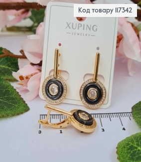 Серьги "Богемия" с черной круглой вставкой и камешками, дл. 2,6см, англ. застежка, Xuping 18K 117342 фото