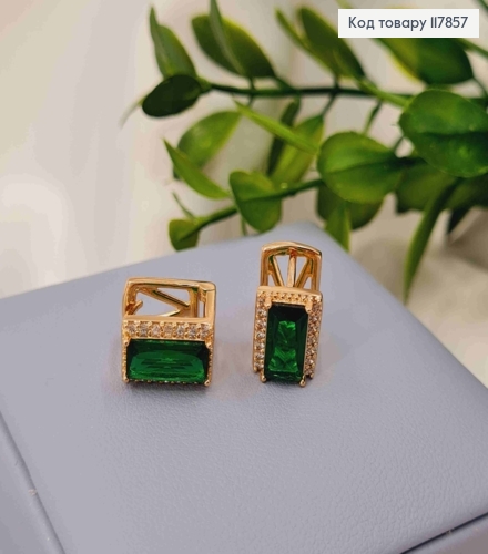 Серьги кольца, "Квадратные" с большим Зеленым камешком, 1,1*0,8см, Xuping 18К 117857 фото 2