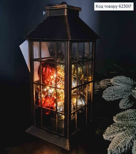 Фонарик скло, Бронза, С новогодними игрушками, на батарейках, 27*13,5см 623017 фото 1