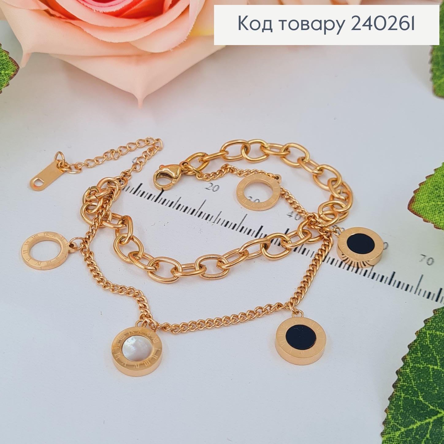 Браслет 16+5 см Римские часы с двусторонней чорно-белой эмалью, цвет золотой, Stainless Steel 240261 фото 2