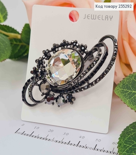 Брошь овальная Роскошная с большим камнем ГРАФИТОВОГО цвета, 3*7см 235292 фото 1