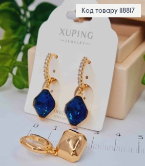 Сережки кільця (1,3см) з підвісним граненим Темно-Синім каменем Сваровскі (1,3см), Xuping 18К 118817 фото