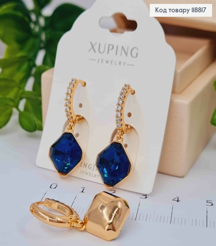 Сережки кільця (1,3см) з підвісним граненим Темно-Синім каменем Сваровскі (1,3см), Xuping 18К 118817 фото 1