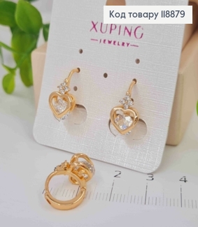 Сережки кільця "Королівське Серце" з Блискучим каменем (1,1см), діаметр 1,2см, Xuping 18K 118879 фото