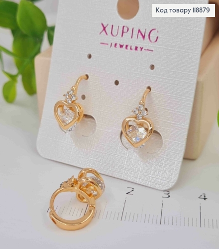 Сережки кільця "Королівське Серце" з Блискучим каменем (1,1см), діаметр 1,2см, Xuping 18K 118879 фото 1