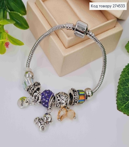 Браслет "ПАНДОРА", шармик з Фіолетовим каменем + (Love/Ведмедик/Бусини), срібного кольору, біжутерія 274533 фото 1