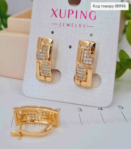 Серьги прямоугольные украшены Блестящими камешками, 1,9см, английская застежка, XUPING 18K 118996 фото 1