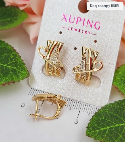Серьги, пластинки со Шпилькой и камешками, 2см, англ. застежка, Xuping 18К 116115 фото 1