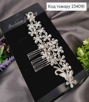 Гребінь у волосся, срібного кольору, маленькі Квіточки, в камінцях, 16,5см 234091 фото