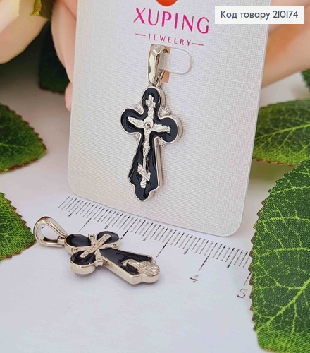 Крестик родованный "Спаси и Сохрани", с распятием, с черной эмалью и камешками, 2,5*1,5 см Xuping 210174 фото 1
