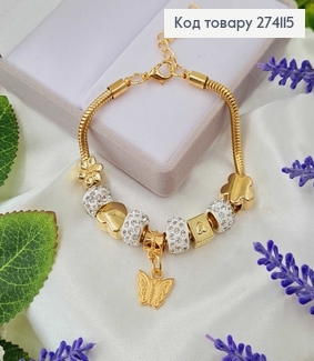 Браслет під Пандору золотого кольору, з білими бусинами,  15,5см+4см 274115 фото