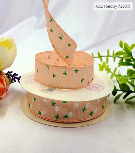 Лента тканевая БЛЕДО-ПЕРСИКОВАЯ с принтом ЦВЕТОЧКИ, ширина 2,5см, длина 20 ярдов (18м) 728015 фото 1
