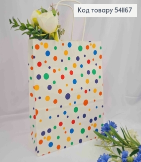 Пакет крафтовый, 22*27*11см, Белый в Цветной горошек. 541167 фото