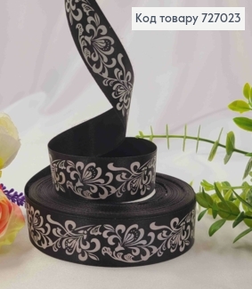 Лента атласная ЧЕРНАЯ с принтом ЦВЕТЫ, ширина 2,5см, длина 50 ярдов (45м) 727023 фото