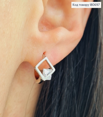 Сережки родовані кільця Ромб з камінцем, 1*1см, Xuping 180697 фото 2