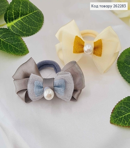 Резинка Бант двойной, атласный с фатином и жемчужиной, 7см, цвета в ассорт. 262283 фото 1