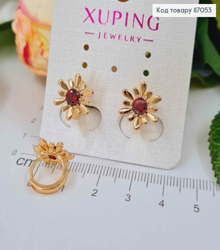 Серьги кольца 1см, Цветочек с бордовым камешком, 1см, Xuping 18K 117053 фото 2