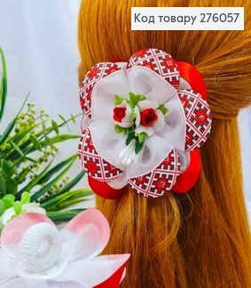 Резинка Бант цветочек в красном орнаменте с цветочками по центру фатинова, ручная робота Украина 276057 фото