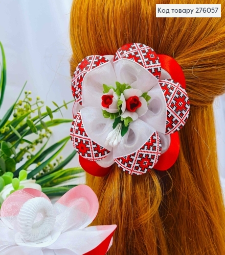 Резинка Бант цветочек в красном орнаменте с цветочками по центру фатинова, ручная робота Украина 276057 фото 1