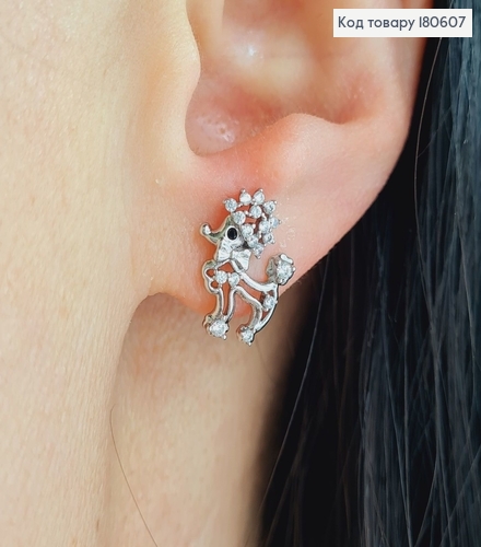 Серьги гвоздики 1.3 см Пудель в камнях с родием 180607 фото 2