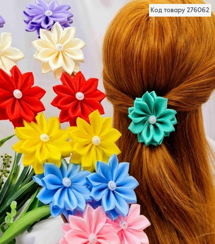 Бант "Квітка" з бусинкою посередині, на резинці, Яскраві кольори в асортименті, 7см, ручна робота 276062 фото 1