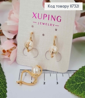 Серьги с жемчужиной под листочком, дл. 1,6см, англ застежка, Xuping 18К 117321 фото