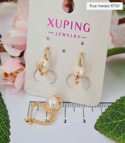 Серьги с жемчужиной под листочком, дл. 1,6см, англ застежка, Xuping 18К 117321 фото 1