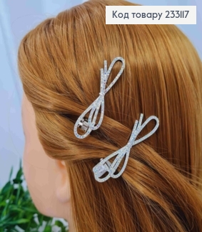 Заколка стрела, "БАНТИК" украшена Перламутровым камнем (2шт/уп), 5,5см, Серебряного цвета 233117 фото